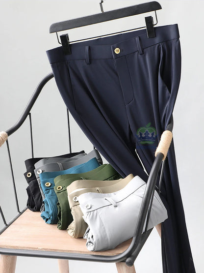 High Stretch Fabric Summer Thin Ice Silk Business Pants Men Elastic Waist Classic Work Office Formal Suit Trousers Plus Size 40
