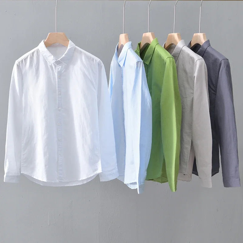 Green Cotton Linen Casual Shirts For Men Basic Classic Long Sleeve Turn-down Collar Breathable Clothing
