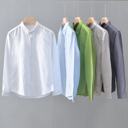 Green Cotton Linen Casual Shirts For Men Basic Classic Long Sleeve Turn-down Collar Breathable Clothing