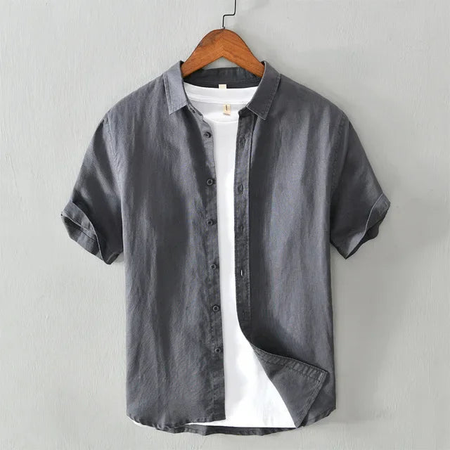 Cotton Linen Short Sleeve Shirts For Men Casual Fashion Yellow Turn Down Collar Tops Male Summer Classic Basic Clothing