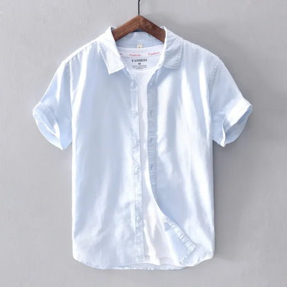 Cotton Linen Short Sleeve Shirts For Men Casual Fashion Yellow Turn Down Collar Tops Male Summer Classic Basic Clothing