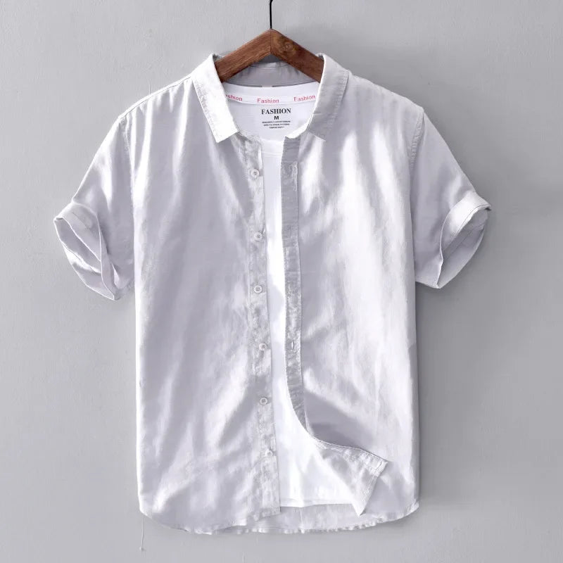 Cotton Linen Short Sleeve Shirts For Men Casual Fashion Yellow Turn Down Collar Tops Male Summer Classic Basic Clothing