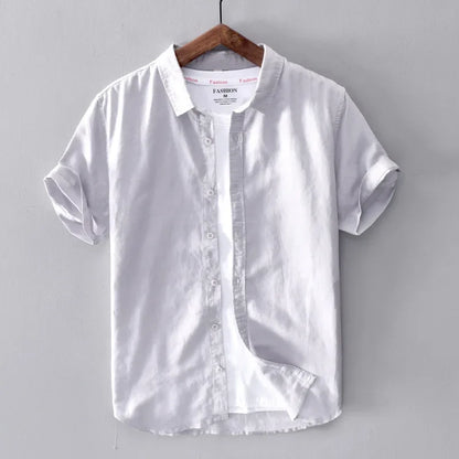 Cotton Linen Short Sleeve Shirts For Men Casual Fashion Yellow Turn Down Collar Tops Male Summer Classic Basic Clothing