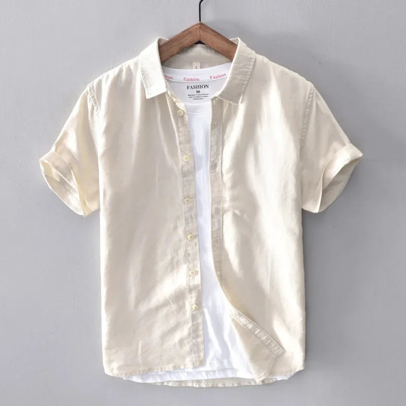 Cotton Linen Short Sleeve Shirts For Men Casual Fashion Yellow Turn Down Collar Tops Male Summer Classic Basic Clothing