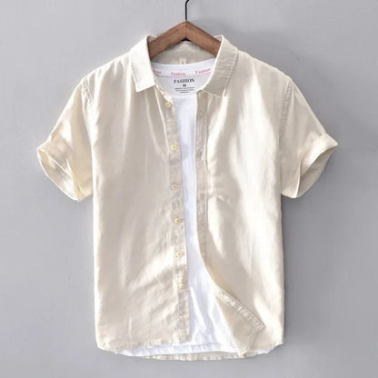 Cotton Linen Short Sleeve Shirts For Men Casual Fashion Yellow Turn Down Collar Tops Male Summer Classic Basic Clothing