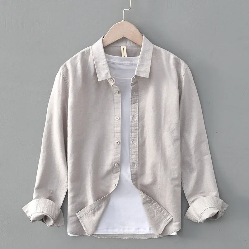 Green Cotton Linen Casual Shirts For Men Basic Classic Long Sleeve Turn-down Collar Breathable Clothing