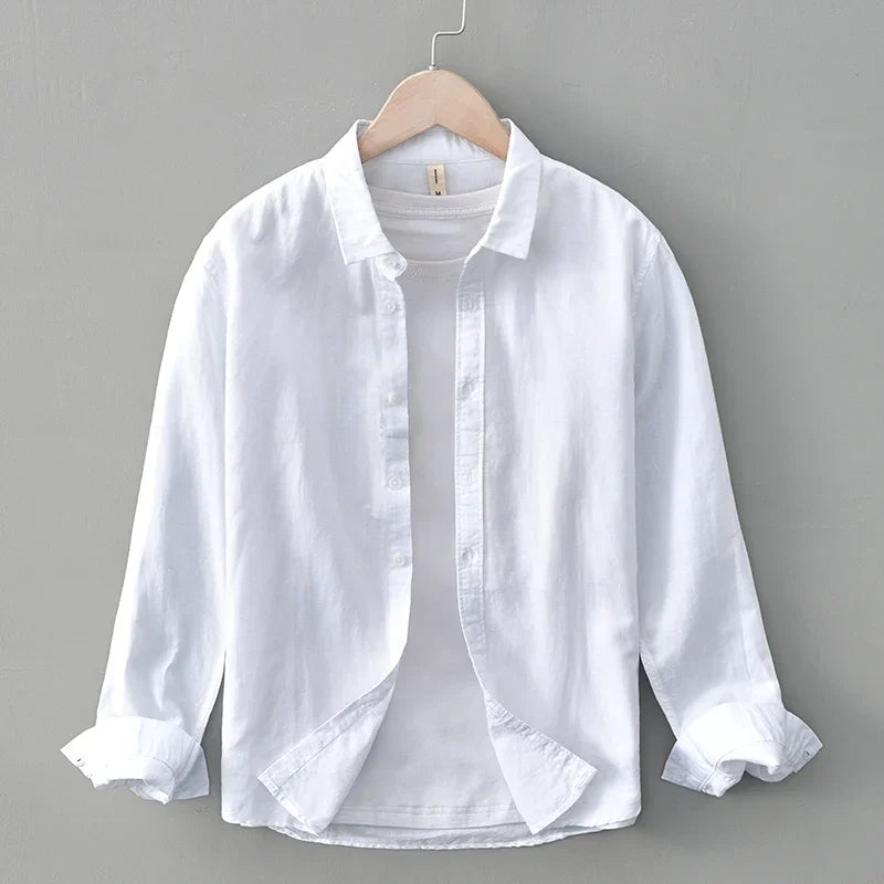 Green Cotton Linen Casual Shirts For Men Basic Classic Long Sleeve Turn-down Collar Breathable Clothing