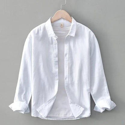 Green Cotton Linen Casual Shirts For Men Basic Classic Long Sleeve Turn-down Collar Breathable Clothing