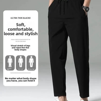 Men's Summer Thin Ice Silk Casual Quick Dry Elastic Pants Breathable Loose Straight Leg Sporty Comfortable Lightweight Trousers