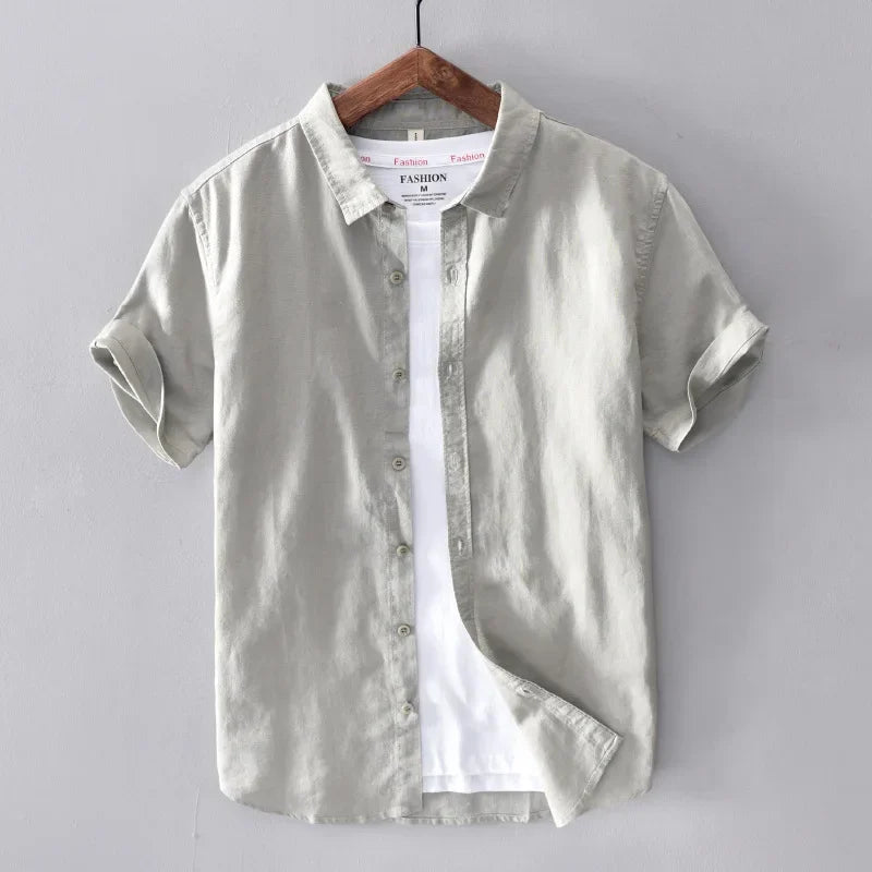 Cotton Linen Short Sleeve Shirts For Men Casual Fashion Yellow Turn Down Collar Tops Male Summer Classic Basic Clothing
