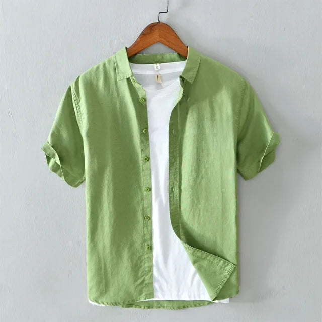 Cotton Linen Short Sleeve Shirts For Men Casual Fashion Yellow Turn Down Collar Tops Male Summer Classic Basic Clothing