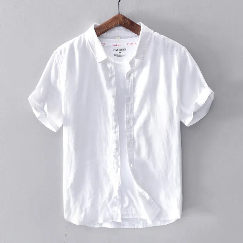Cotton Linen Short Sleeve Shirts For Men Casual Fashion Yellow Turn Down Collar Tops Male Summer Classic Basic Clothing