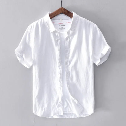 Cotton Linen Short Sleeve Shirts For Men Casual Fashion Yellow Turn Down Collar Tops Male Summer Classic Basic Clothing